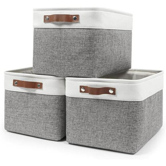 Large Fabric Storage Bins Set of 3 Closet Shelf Organizer Baskets with Handles - Picture 1 of 7